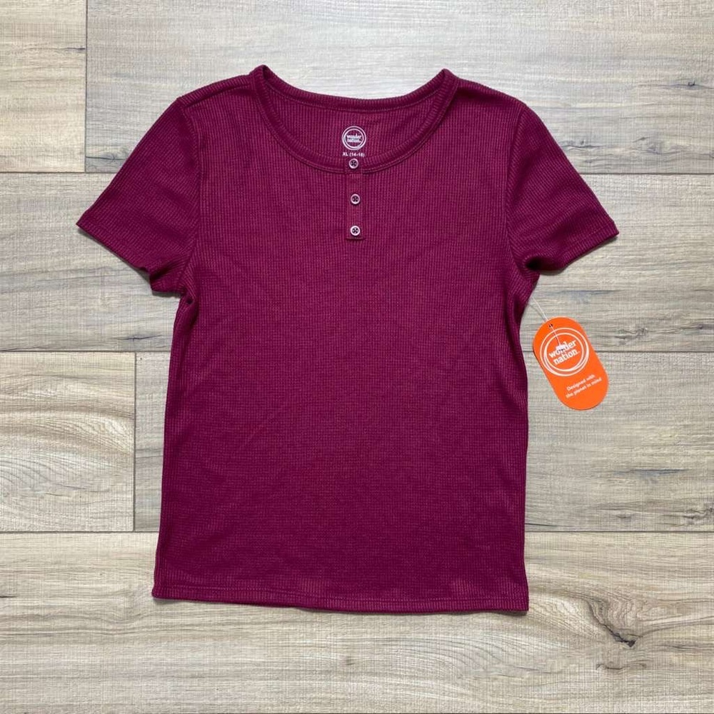 Wonder Nation Girls Short Sleeve Waffle Henley Tee Size XL (14-16) Burgundy